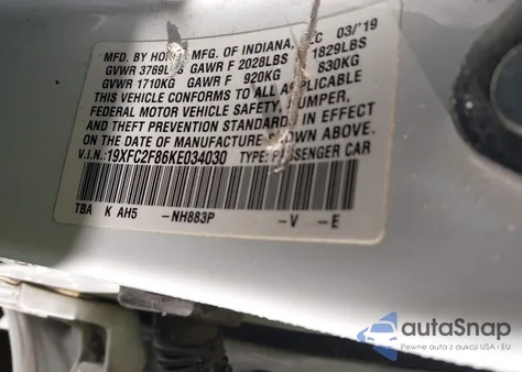 2019 Honda Civic Sport из США, поврежденный, VIN 19XFC2F86KE034030